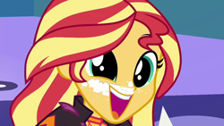 Size: 1280x720 | Tagged: safe, derpibooru import, edit, edited screencap, screencap, sunset shimmer, better together, equestria girls, wake up!, wake up!: pinkie pie, cocaine, cocaine is a hell of a drug, dilated pupils, drug use, drugs, happy, sunset stoner