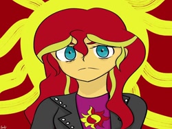 Size: 1080x810 | Tagged: safe, artist:satrinity_starnaly, derpibooru import, sunset shimmer, equestria girls, bust, clothes, cutie mark, cutie mark on clothes, female, frown, jacket, solo