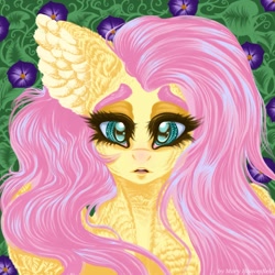 Size: 1321x1322 | Tagged: safe, artist:maryhoovesfield, derpibooru import, fluttershy, pegasus, pony, bust, cute, ear fluff, ears, eyelashes, female, flower, mare, shyabetes, solo, wings