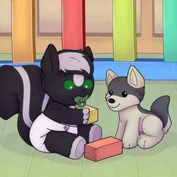 Size: 894x894 | Tagged: safe, artist:zombineko, derpibooru import, oc, oc only, oc:zenawa skunkpony, hybrid, skunk, skunk pony, wolf, building blocks, cute, diaper, foal, male, pacifier, playing, playpen, plushie, smiling