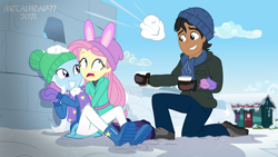 Size: 8000x4500 | Tagged: safe, artist:metalhead97, derpibooru import, fluttershy, trixie, oc, oc:calypso kiosko, better together, equestria girls, holidays unwrapped, boots, chocolate, clothes, coat, commission, cup, cute, diatrixes, food, hat, hot chocolate, kneeling, open mouth, saving pinkie's pie, scared, scarf, shoes, show accurate, smiling, snow, snowball, snowball fight, sweater, this will not end well, varying degrees of want, warmers