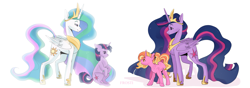 Size: 5705x2000 | Tagged: safe, artist:1rostil0ve, derpibooru import, luster dawn, princess celestia, princess twilight 2.0, twilight sparkle, twilight sparkle (alicorn), unicorn twilight, alicorn, pony, unicorn, the last problem, absurd resolution, crown, cutie mark, ethereal mane, female, full circle, hoof shoes, jewelry, looking at each other, mare, peytral, regalia, signature, smiling, starry mane, time paradox