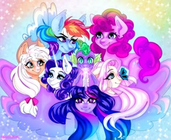Size: 1008x824 | Tagged: safe, artist:pastelfluffy03, derpibooru import, applejack, fluttershy, pinkie pie, rainbow dash, rarity, spike, twilight sparkle, twilight sparkle (alicorn), alicorn, butterfly, dragon, earth pony, pegasus, pony, unicorn, female, glowing horn, group shot, horn, insect on nose, male, mane seven, mane six, mare, rainbow background, signature, smiling, spread wings, wings