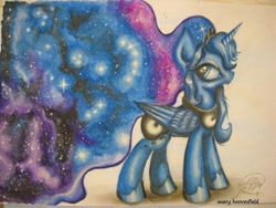 Size: 604x453 | Tagged: safe, artist:maryhoovesfield, derpibooru import, princess luna, alicorn, pony, crown, ethereal mane, ethereal tail, female, galaxy mane, galaxy tail, hoof shoes, jewelry, mare, peytral, regalia, solo, starry mane, starry tail, tiara, traditional art