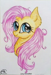 Size: 413x604 | Tagged: safe, artist:maryhoovesfield, derpibooru import, fluttershy, pegasus, pony, bust, cute, ear fluff, ears, eyelashes, female, mare, shyabetes, signature, smiling, solo, traditional art