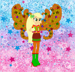 Size: 736x708 | Tagged: safe, artist:selenaede, artist:user15432, derpibooru import, applejack, human, equestria girls, alternate hairstyle, barely eqg related, base used, boots, clothes, cosmix, crossover, fairy, fairy wings, fairyized, fingerless gloves, gloves, hand on hip, hatless, high heel boots, high heels, leggings, missing accessory, ponied up, rainbow s.r.l, shoes, stars, wings, winx, winx club, winxified