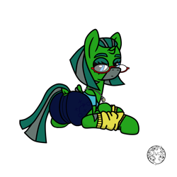 Size: 1500x1500 | Tagged: safe, artist:dice-warwick, derpibooru import, oc, oc:temboril tablature, original species, pony, fallout equestria, fallout equestria: dance of the orthrus, fallout equestria: scout sizzle cymbal, fanfic art, glasses, horn, leg warmers, looking back, mirage pony, presenting, raised tail, small horn, small wings, solo, spandex, stripes, tail, wings
