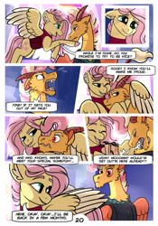 Size: 1024x1463 | Tagged: safe, artist:loryska, derpibooru import, fluttershy, oc, oc:larkspur, draconequus, hybrid, pegasus, pony, comic:friendship grows, clothes, cloven hooves, colored hooves, ear fluff, ears, embarrassed, female, hug, interspecies offspring, jacket, laughing, male, mother and child, mother and son, mothers gonna mother, offspring, parent and child, parent:discord, parent:fluttershy, parents:discoshy, teasing, two toned wings, winghug, wings