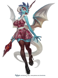 Size: 2894x3878 | Tagged: safe, artist:derekireba, derpibooru import, princess ember, anthro, dragon, bloodstone scepter, breast overpour, breasts, bustier, cleavage, clothes, dragoness, female, garter straps, garters, high heels, horns, lizard breasts, looking at you, midriff, miniskirt, open mouth, platform heels, princess embreast, shoes, skirt, socks, solo, squishy, stockings, thigh highs, thighs, wings