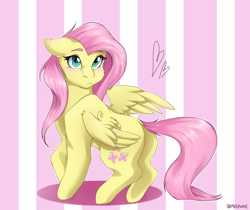 Size: 2553x2147 | Tagged: safe, artist:dollpone, artist:melpone, derpibooru import, fluttershy, pegasus, pony, blushing, cute, ears, female, floppy ears, head turned, heart, high res, looking at you, looking back, looking back at you, mare, raised hoof, raised leg, shyabetes, solo, spread wings, standing, wings