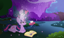 Size: 1654x970 | Tagged: safe, artist:stellamoonshineyt, derpibooru import, twilight sparkle, twilight sparkle (alicorn), alicorn, pony, unicorn, lying down, magic, night, prone, self ponidox