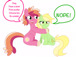 Size: 2048x1536 | Tagged: safe, artist:smileverse, derpibooru import, oc, oc only, oc:earligold, oc:peachy keen, earth pony, pony, dialogue, duo, female, freckles, hug, interdimensional siblings, offspring, pandoraverse, parent:big macintosh, parent:cheerilee, parents:cheerimac, siblings, simple background, sisters, unshorn fetlocks, white background