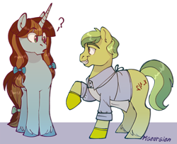 Size: 1150x933 | Tagged: safe, artist:pigeorgien, derpibooru import, oc, oc only, oc:chemistry couple, oc:half-life, earth pony, pony, unicorn, apple family member, apron, bow, chemist, clothes, confused, duo, eyebrows, eyebrows visible through hair, female, gloves, hair ribbon, hoof fluff, looking at each other, mare, question mark, ribbon, shirt, smiling, tail bow, unshorn fetlocks