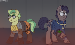 Size: 1500x900 | Tagged: safe, artist:pigeorgien, derpibooru import, oc, oc only, oc:fallout(pigeorgien), oc:half-life, earth pony, pony, fallout equestria, clothes, cosplay, costume, duo, eyebrows, fallout, fear, female, glasses, gordon freeman, half-life, hev suit, lambda, male, mare, parody, pipbuck, stallion, unshorn fetlocks, vault suit, video game crossover