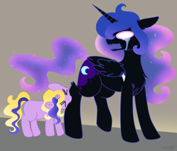 Size: 1882x1601 | Tagged: safe, derpibooru import, nightmare moon, oc, oc:wendysparkle, alicorn, pony, unicorn, baby, baby pony, biting, crying, cute, daughter, eyes closed, female, interspecies offspring, mommy, mother and child, mother and daughter, offspring, parent and child, parent:albert wesker, parent:nightmare moon, tears of pain