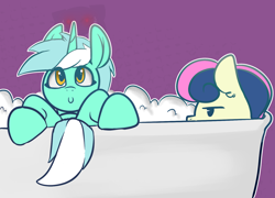 Size: 1584x1138 | Tagged: safe, artist:llametsul, derpibooru import, bon bon, lyra heartstrings, sweetie drops, earth pony, pony, unicorn, annoyed, bath, bathing, bathtub, bon bon is not amused, bubble, cute, female, lesbian, lyrabon, mare, shipping, smiling, unamused