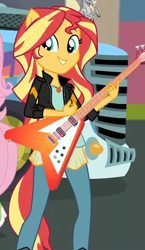 Size: 412x709 | Tagged: safe, derpibooru import, screencap, fluttershy, sunset shimmer, eqg summertime shorts, equestria girls, get the show on the road, cropped, guitar, musical instrument, ponied up, smiling