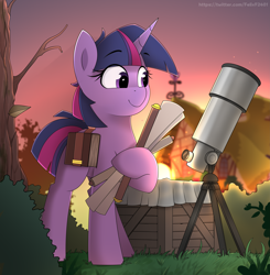 Size: 5395x5500 | Tagged: safe, artist:felixf, derpibooru import, twilight sparkle, unicorn twilight, pony, unicorn, book, evening, female, mare, smiling, solo, telescope