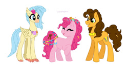 Size: 1024x512 | Tagged: safe, artist:incendiaryboobs, derpibooru import, cheese sandwich, pinkie pie, princess skystar, earth pony, hippogriff, pony, cheesepie, female, lesbian, male, next generation, nextgen:mothverse, polyamory, shipping, skypie, skypiecheese, straight