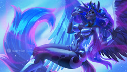 Size: 2000x1125 | Tagged: safe, artist:playfurry, derpibooru import, princess luna, alicorn, anthro, plantigrade anthro, bedroom eyes, belly button, bracelet, breasts, clothes, crown, cutie mark, digital art, female, horn, jewelry, looking at you, obtrusive watermark, princess balloona, regalia, simple background, smiling, smiling at you, solo, solo female, spread wings, thighs, watermark, wide hips, wings