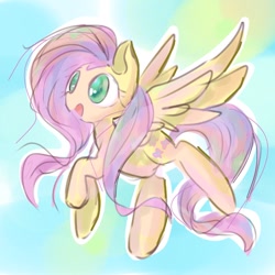 Size: 768x768 | Tagged: safe, artist:pnpn_721, derpibooru import, fluttershy, pegasus, pony, female, flying, mare, open mouth, smiling, solo, spread wings, wings