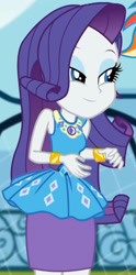 Size: 1018x2045 | Tagged: safe, derpibooru import, screencap, rarity, better together, equestria girls, sock it to me, sock it to me: rarity, canterlot high, clothes, cropped, cute, diamond, dress, female, geode of shielding, gold, jewelry, legs, lidded eyes, magical geodes, makeup, necklace, outdoors, pencil skirt, raribetes, rarity peplum dress, sleeveless, smiling, soccer field, waistband, wrist cuffs