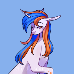 Size: 1410x1404 | Tagged: safe, artist:birdbiscuits, derpibooru import, oc, unicorn, blue background, female, mare, one eye closed, simple background, solo