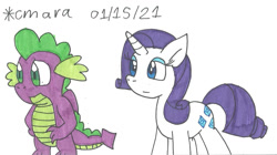 Size: 1280x715 | Tagged: safe, artist:cmara, derpibooru import, rarity, spike, dragon, pony, unicorn, eyeshadow, female, makeup, male, mare, shipping, simple background, sparity, straight, traditional art, white background, winged spike