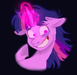 Size: 1920x1876 | Tagged: safe, artist:jopajopovna1, derpibooru import, twilight sparkle, bloodshot eyes, bust, ears, floppy ears, glowing eyes, glowing horn, horn, smiling, solo, twilight snapple, twilighting