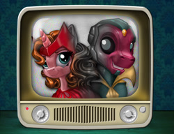 Size: 1800x1381 | Tagged: safe, artist:harwick, derpibooru import, pony, robot, unicorn, android, female, male, mare, marvel, ponified, stallion, television, vision, wanda maximoff, wandavision