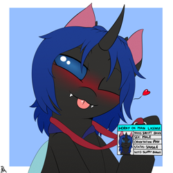 Size: 2000x2000 | Tagged: safe, artist:h3nger, derpibooru import, oc, oc only, oc:swift dawn, changeling, pony, :p, blue eyes, blushing, fangs, heart, looking at you, male, one eye closed, solo, tongue out, wink