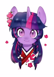 Size: 2480x3508 | Tagged: safe, artist:potetecyu_to, derpibooru import, twilight sparkle, pony, alternate hairstyle, braid, braided pigtails, bust, clothes, cute, female, flower, high res, looking at you, mare, portrait, simple background, solo, twiabetes, white background