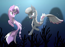 Size: 2898x2070 | Tagged: safe, artist:omnisimon11, derpibooru import, diamond tiara, silver spoon, earth pony, pony, seapony (g4), blue eyes, bubble, coral, crepuscular rays, crown, dorsal fin, female, filly, flowing tail, glasses, jewelry, looking at each other, mare, open mouth, purple eyes, regalia, seaponified, smiling, species swap, swimming, tail, teeth, underwater, water