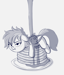 Size: 1408x1638 | Tagged: safe, artist:heretichesh, derpibooru import, oc, oc:maple, pegasus, pony, :i, covered in syrup, female, filly, food, freckles, giant food, grumpy, maple syrup, pancakes, plate, solo, upset