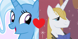 Size: 600x300 | Tagged: safe, derpibooru import, edit, edited screencap, screencap, prince blueblood, trixie, bluetrix, female, male, shipping, shipping domino, straight