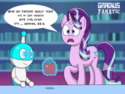 Size: 1776x1329 | Tagged: safe, artist:gradiusfanatic, derpibooru import, starlight glimmer, oc, oc:bx-8, robot, unicorn, female, levitation, magic, male, telekinesis