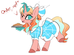 Size: 1334x999 | Tagged: safe, artist:beardie, derpibooru import, oc, oc only, oc:peach tea, pony, unicorn, clothes, dress, female, food, magic, mare, pancakes, solo