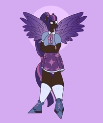 Size: 1080x1285 | Tagged: safe, artist:staramuletart, derpibooru import, twilight sparkle, human, blackwashing, clothes, crossed arms, dark skin, female, glasses, humanized, purple background, shoes, simple background, skirt, socks, solo, winged humanization, wings