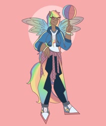 Size: 1080x1285 | Tagged: safe, artist:staramuletart, derpibooru import, rainbow dash, human, basketball, blackwashing, bracelet, clothes, converse, dark skin, female, humanized, jacket, jewelry, pants, pink background, shoes, simple background, solo, sports, winged humanization, wings