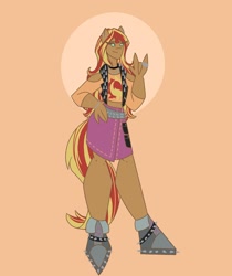 Size: 1080x1285 | Tagged: safe, artist:staramuletart, derpibooru import, sunset shimmer, human, clothes, dark skin, eared humanization, female, humanized, jewelry, orange background, ring, shoes, simple background, skirt, solo, waving