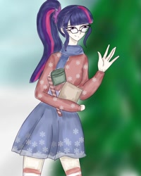 Size: 1080x1350 | Tagged: safe, alternate version, artist:_idiot.with.the.painted.face, derpibooru import, sci-twi, twilight sparkle, human, equestria girls, clothes, female, glasses, humanized, outdoors, scarf, skirt, smiling, socks, solo, striped socks, waving