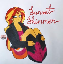 Size: 1080x1088 | Tagged: safe, artist:a_l1ttl3_b0y, derpibooru import, sunset shimmer, equestria girls, boots, clothes, female, frown, jacket, ponied up, shoes, signature, sitting, smiling, solo, traditional art