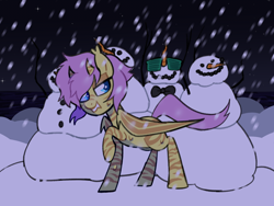 Size: 1500x1130 | Tagged: safe, artist:renhorse, derpibooru import, oc, oc:stripe fright, bat pony, pony, female, mare, shutter shades, snowman, solo