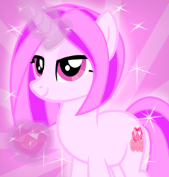 Size: 794x830 | Tagged: safe, artist:amgiwolf, derpibooru import, oc, oc only, oc:pinky rose, pony, unicorn, eyelashes, female, glowing horn, horn, magic, mare, smiling, solo, sunburst background, telekinesis, unicorn oc