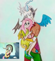 Size: 540x598 | Tagged: safe, artist:lunaart, derpibooru import, screencap, discord, fluttershy, human, to where and back again, eared humanization, horn, horned humanization, hug, humanized, scene interpretation, screencap reference, winged humanization, wings