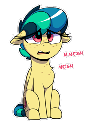 Size: 549x768 | Tagged: safe, artist:shinodage, oc, oc only, oc:apogee, pegasus, pony, chest fluff, chest freckles, ear freckles, ears, female, filly, floppy ears, freckles, neigh, open mouth, simple background, sitting, solo, transparent background, white outline