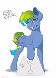 Size: 1800x2500 | Tagged: dead source, safe, artist:skitsroom, oc, oc only, oc:sky aircobra, pegasus, pony, blushing, dialogue, ear piercing, earring, hoof hold, jewelry, mouth hold, paintbrush, piercing, simple background, solo, stick figure, talking to viewer, white background, wings