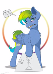 Size: 1800x2500 | Tagged: safe, artist:skitsroom, oc, oc only, oc:sky aircobra, pegasus, pony, blushing, dialogue, ear piercing, earring, hoof hold, jewelry, mouth hold, paintbrush, piercing, simple background, solo, stick figure, talking to viewer, white background, wings