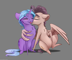 Size: 3000x2500 | Tagged: safe, artist:skitsroom, oc, oc only, oc:eleane tih, oc:mayata, pegasus, pony, unicorn, blushing, chest fluff, eyes closed, female, horn, hug, mare, oc x oc, shipping, sitting, tongue out, winghug, wings