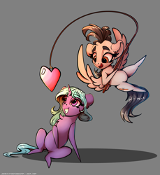 Size: 2750x3000 | Tagged: safe, artist:skitsroom, oc, oc only, oc:eleane tih, oc:mayata, pegasus, pony, unicorn, bait, female, fishing rod, flying, heart, horn, lesbian, mare, oc x oc, shipping, smiling, spread wings, tongue out, wings